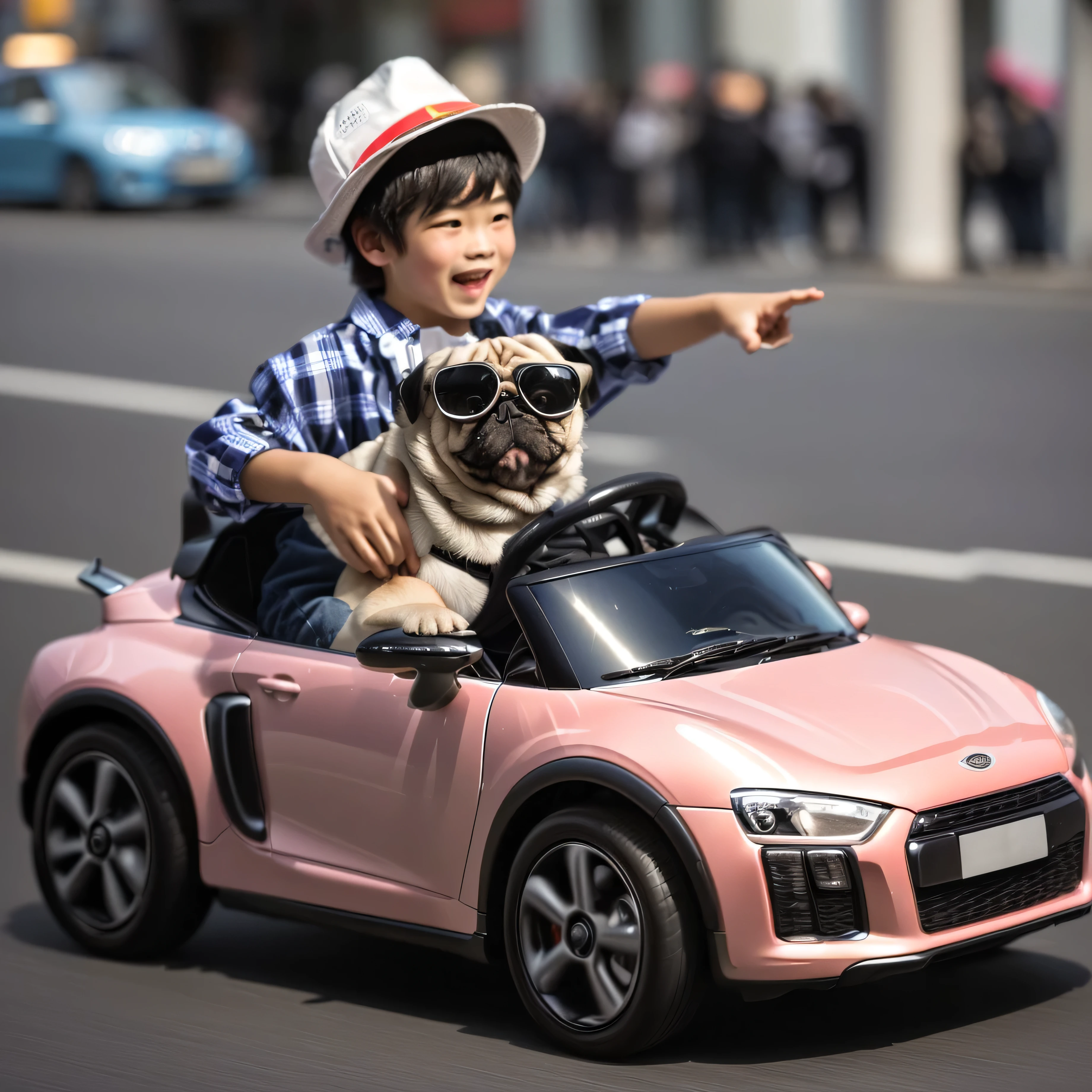 (best quality:1.4),(Best results:1.4),(Ultra-clear picture quality:1.4),(Ultra-sharp details:1.2),Chinese boy in a toy car,With a pug, commercial photo of toys, Driving a small toy car, child, childs, High quality upload, mini, fashionable, High-quality images, Very stylish,