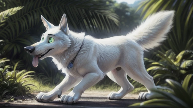 cute cartoon of a (gary \(zootopia\)) naked, big cock, solo, wolf, white fur, tongue out, completely glowing green eyes with no irises or pupils, walking on all fours, BREAK, jungle background, (intricate, high detail, film photography, soft focus, RAW candid cinema, photorealism, realistic, photorealistic, analog style, subsurface scattering, masterpiece, best quality, ultra realistic, 8k), profile picture