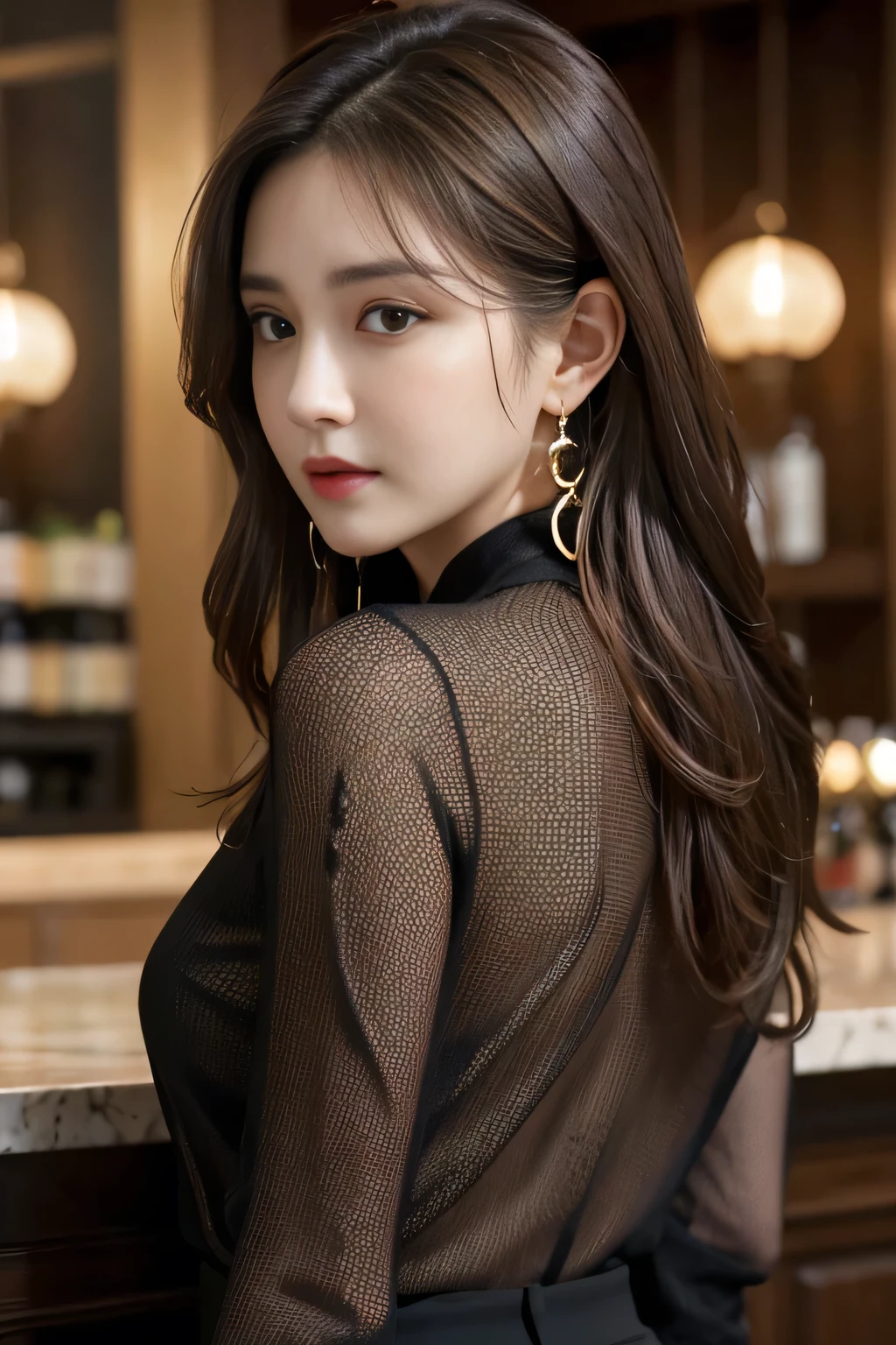 masterpiece, highest quality, Realistic, Very detailed, Finer details, High resolution, 8k wallpaper, One beautiful woman, Wear a black see-through shirt, Great bar counter, At night, Light brown messy hair, Perfect dynamic composition, Beautiful and beautiful eyes、Big earrings、Back view