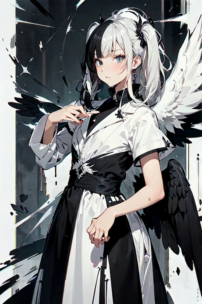 (masutepiece:1.3),(Best Quality:1.2),8K,absurderes,Unity 8K Wall Papper,(Extremely detailed:1.3),highest grade, Clothes are simple), (flat illustrations:1.4), (Best Impact:1.5), (minimalism:1.7), Vivid contrast, (Realistic), hyperrealistic illustrations, hight resolution, ultra-detailliert, absurderes,
1girl in, ,Heterochromia, ((Twin tails hairstyle:1.2)), ((spilt into two White hair, Black hair:1.5)), ((split theme, Angel,devil,Wings)),Split into two themed angels,devil,BREAK,bold outline,flat color,fine outline,black outline,flat, nice hands, perfect hands,
