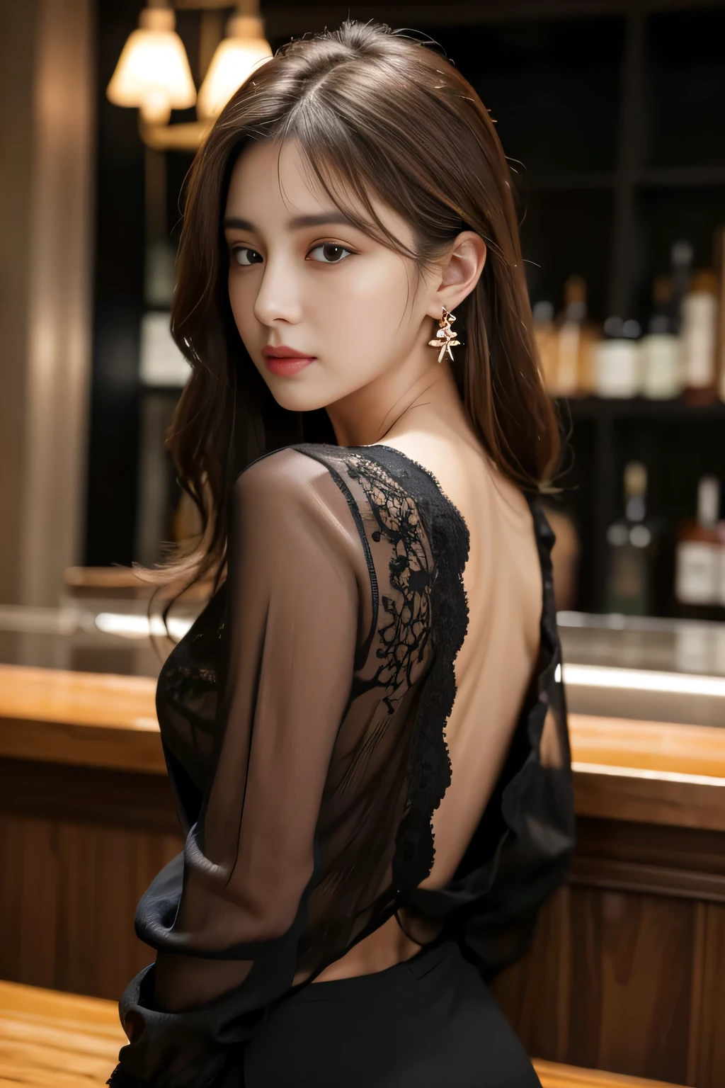 masterpiece, highest quality, Realistic, Very detailed, Finer details, High resolution, 8k wallpaper, One beautiful woman, Wear a black see-through shirt, Great bar counter, At night, Light brown messy hair, Perfect dynamic composition, Beautiful and beautiful eyes、Big earrings、Back view