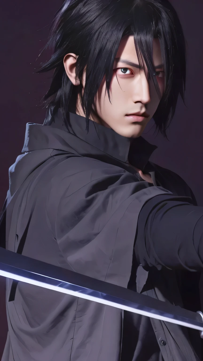 Handsome character with sword in hand and red eyes, sasuke uchiha.