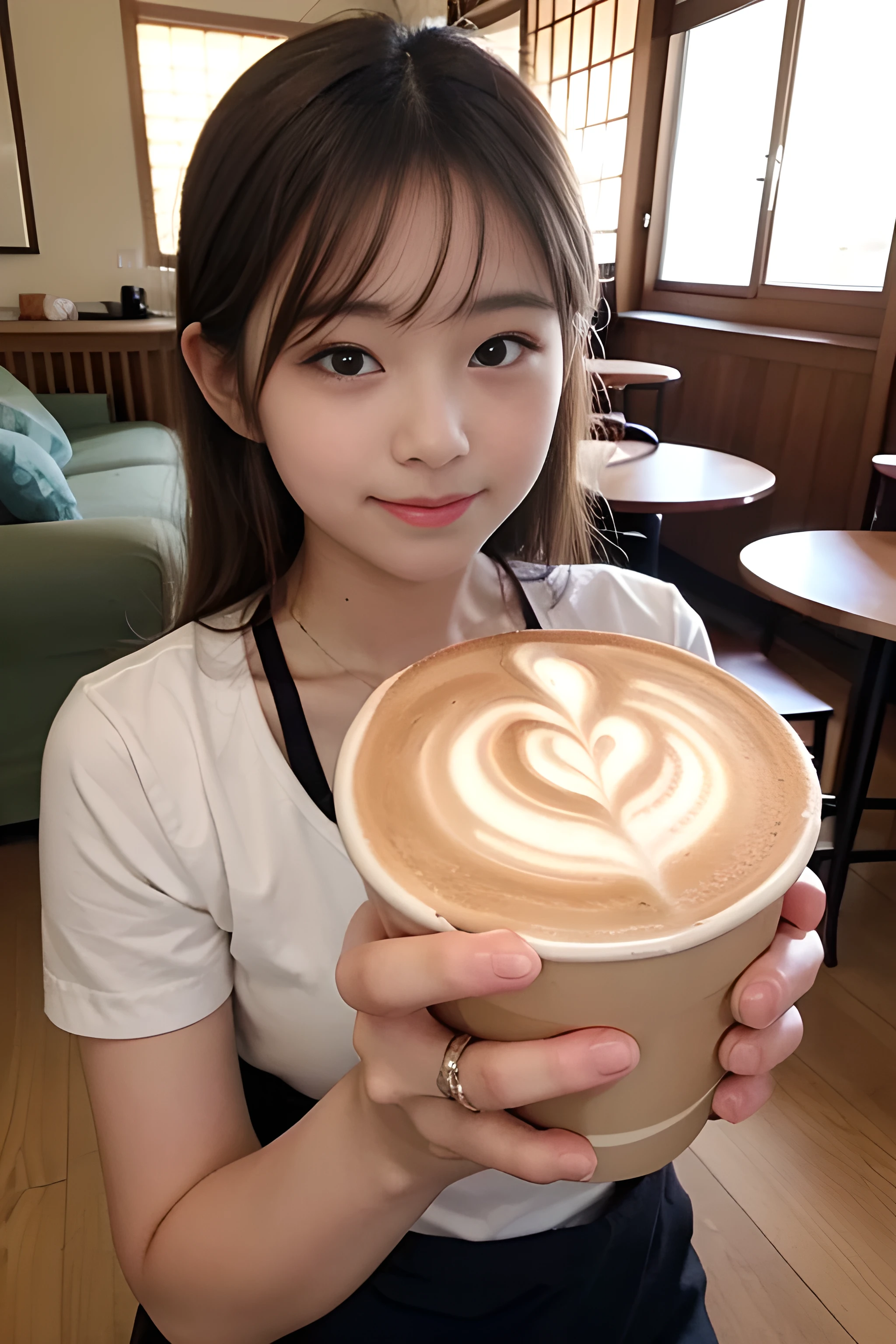 (latte art photos:1.2),  Cute 21 year old Japanese, dynamic real photo, 