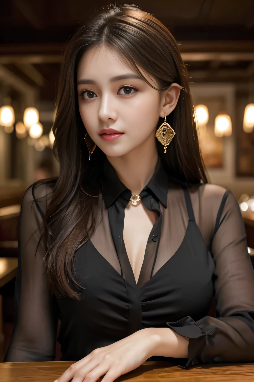masterpiece, highest quality, Realistic, Very detailed, Finer details, High resolution, 8k wallpaper, One beautiful woman, Wear a black see-through shirt, In a great restaurant, At night, Light brown messy hair, Perfect dynamic composition, Beautiful and beautiful eyes、Big earrings