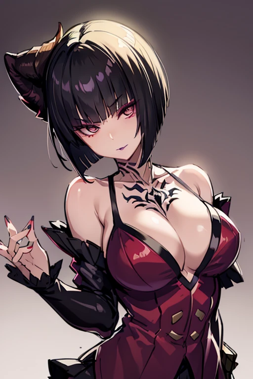 Eliza From Tekken, short black hair with bangs past her shoulders, short hair at the back of her head, sexy look, soft gothic makeup on her eyes, purple lipstick, casual light blouse with low neckline, short black skirt made of light fabric, sensual pose, in the room with lighting gentle on the environment