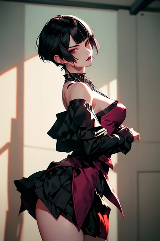 Eliza From Tekken, short black hair with bangs past her shoulders, short hair at the back of her head, sexy look, soft gothic makeup on her eyes, purple lipstick, casual light blouse with low neckline, short black skirt made of light fabric, sensual pose, in the room with lighting gentle on the environment