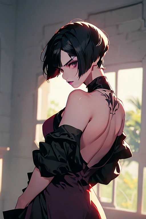 Eliza From Tekken, short black hair with bangs past her shoulders, short hair at the back of her head, sexy look, soft gothic makeup on her eyes, purple lipstick, casual light blouse with low neckline, short black skirt made of light fabric, sensual pose, in the room with lighting gentle on the environment