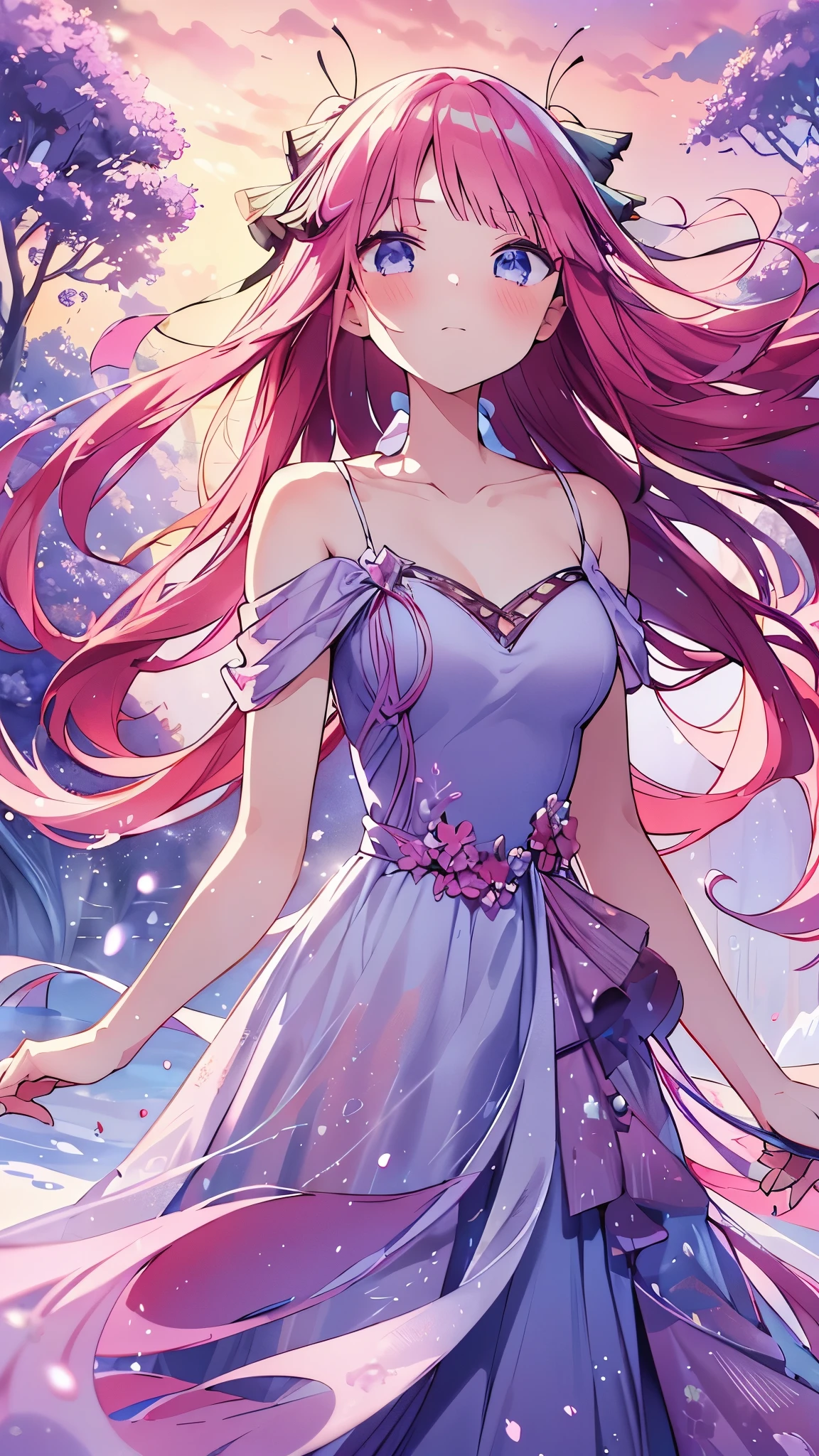 beautiful girl, gradient lilac ballgown, flowing pink red hair, minimal lilac themed background, watercolor illustration, disney art style, standing, looking at viewer flowing glowing hair, glowing flowing hair, fantasia otherworldly landscape, beautiful, masterpiece, best quality, nino nakano, hair ribbons, long pink silky hair, blue eyes