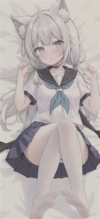 1 Girl, , animal_ears, foot, sailor_collar, long_hair, white色的_legwear, Solitary, shoe底, School_, pleexisted_Short skirt, Setofuku, blue_skirt, white, shirt, collarbone, white色的_shirt, Watching_exist_Viewer, animal_ear_Brushed, No_shoe, short_sleeve, scarf, Side lock, silver_hair,Lying down,