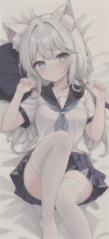 1 Girl, , animal_ears, foot, sailor_collar, long_hair, white色的_legwear, Solitary, shoe底, School_, pleexisted_Short skirt, Setofuku, blue_skirt, white, shirt, collarbone, white色的_shirt, Watching_exist_Viewer, animal_ear_Brushed, No_shoe, short_sleeve, scarf, Side lock, silver_hair,Lying down,