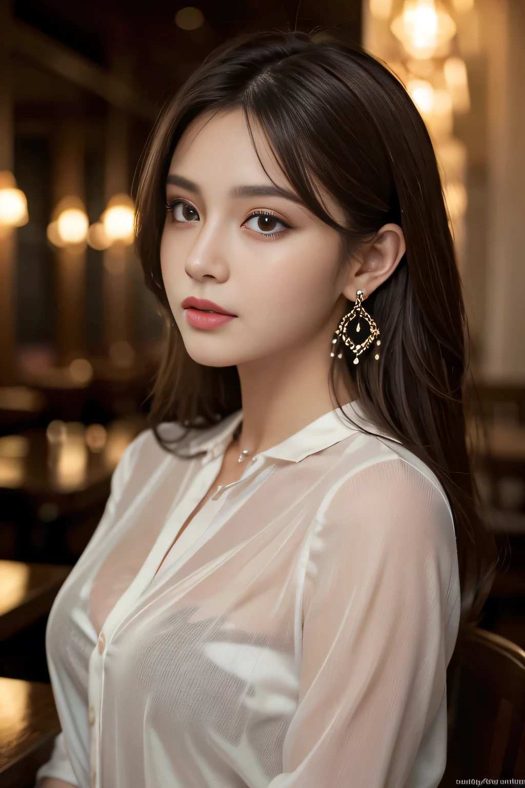 masterpiece, highest quality, Realistic, Very detailed, Finer details, High resolution, 8k wallpaper, One beautiful woman, Wear a black see-through shirt, In a great restaurant, At night, Light brown messy hair, Perfect dynamic composition, Beautiful and beautiful eyes、Big earrings