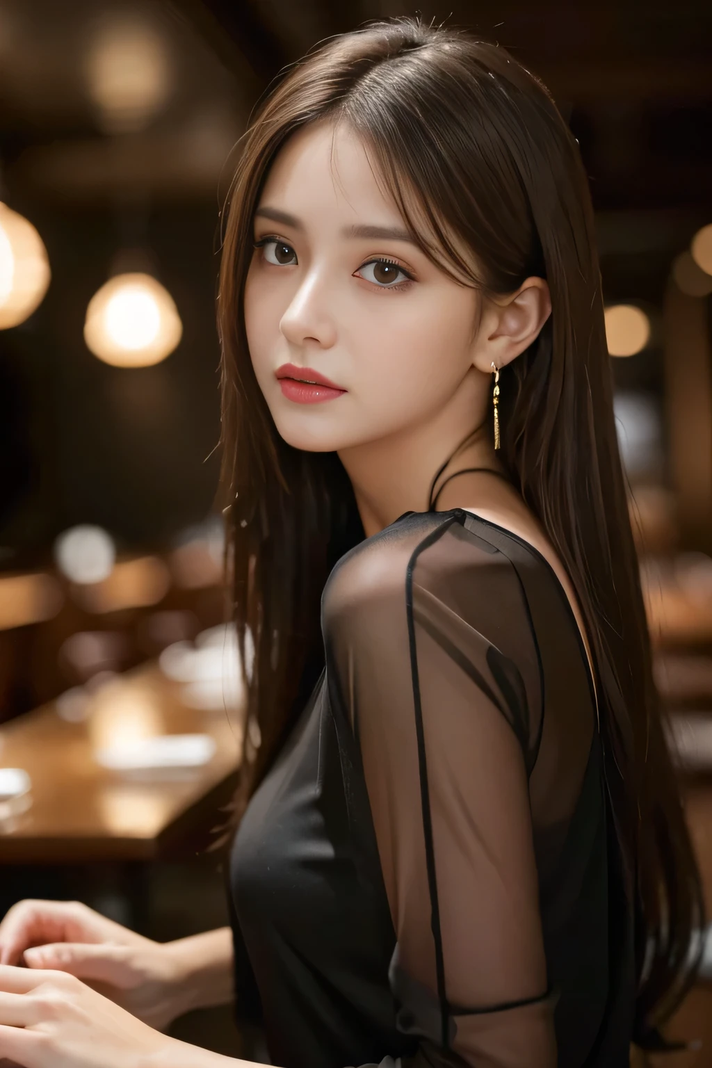masterpiece, highest quality, Realistic, Very detailed, Finer details, High resolution, 8k wallpaper, One beautiful woman, Wear a black see-through shirt, In a great restaurant, At night, Light brown messy hair, Perfect dynamic composition, Beautiful and beautiful eyes、Big earrings