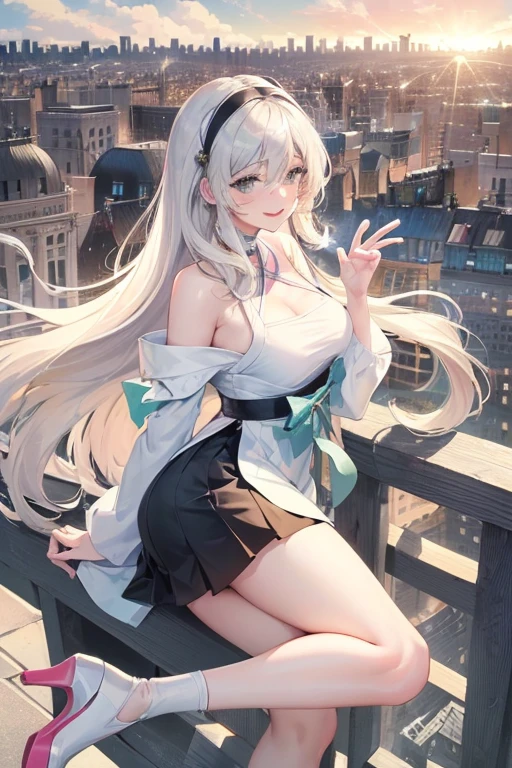 Official Art, masterpiece, Clear focus, (beautiful, Beautiful and cute Korean woman:1.3), (Beautiful and cute Korean:1.3), Korean beauty, 精致beautiful头发、Eyes and face, actual, Super detailed, beautiful女孩, Blue sky, Glowing white particles, (Side Light:1.2), Sunlight, White Cloud, Detailed clouds, Slim, Such a cute big ass, Smile with teeth bared, ((Smile with your eyes, Open your eyes)), landscape, Long straight hair, sexy facial expression, architecture, (city View:1.7), Dynamic Hair, very Long straight hair, Delicate platinum-blonde hair, Green Eyes, Pink skirt, Black socks, Pale skin, Hair accessories, epic landscape,,White high heels,Nice ass,beautiful buttocks,There's nothing under the skirt.,weight loss