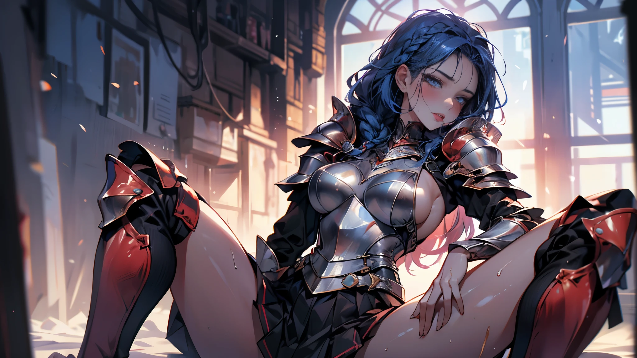 ((Best quality, 8K, Masterpiece: 1.3, 1girl, solo, Beautiful girl)), cute, Dynamism, Detailed face, Detailed skin, detailed clothes, Detailed eyes, Detailed lips, Detailed tongue, Detailed fingers, Detailed mouth, Photorealistic, Raw photo, highres, Natural lighting, dynamic pose, perfect anatomy, toned legs, double eyelids, tear bags, round eyes, moist lips, sweaty, ecstatic face, ((armor knight, red armor)), sideboob, skirt, half closed eyes, steam:1.5, sheer, wet clothes, sky, rainbow hair, blue hair, braided hair, long hair, looking at viewer, drooling, wet body, detached sleeves, erect nipples:0.5, see through, sitting with spreading legs, peeing, blush