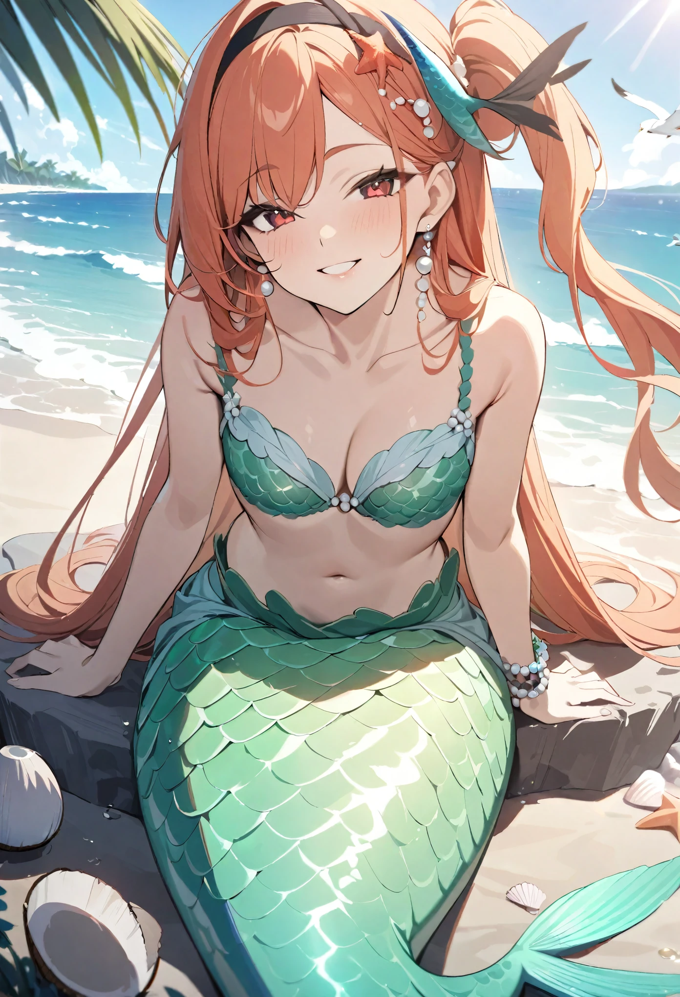 (best quality,4k,8k,highres,masterpiece:1.2),ultra-detailed,age girl gets magically transformed into a mermaid, fantasy transformation,red-eyed,beautiful detailed eyes,spiky long ginger hair,happiness,cute mermaid, long and detailed mermaid tail with shimmering green scales, seashell bra,pair of fish gills on her torso, red and black ribbon headband, starfish hair clips, pearl hair ornaments, pearl earrings and bracelets, pearl necklace, eye-catching accessories,beautifully detailed lips, sitting on a rock, sandy beach, new beautiful body,she’s smiling,embracing her new life has a mermaid, brushing her hair, ocean waves,sparkling water,coconut trees,seagulls,coral reef,vibrant colors,magical glow,shimmering scales,sea breeze,warm sunlight,joyful expression,island paradise,lush tropical plants,dynamic composition,soft and smooth lines,expressive facial features,gentle water reflections,serene atmosphere, Highly detailed, masterpiece, high quality, 4K.