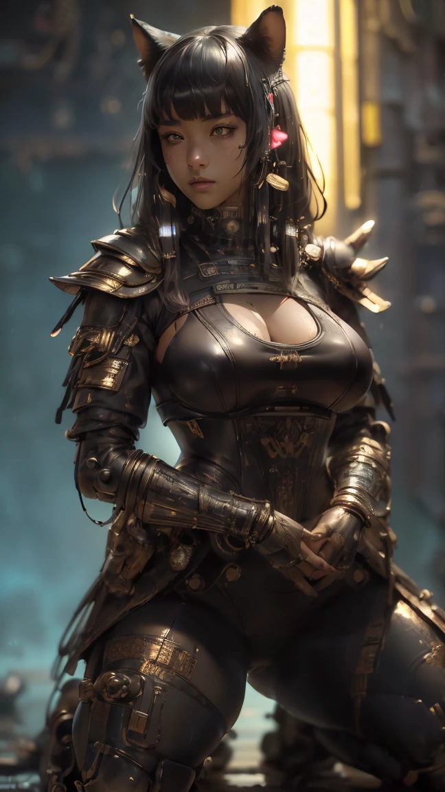 (Realistic:1.3), finely detailed, quality, Rembrandt lighting, (Masterpiece:1.2), (Photorealistic:1.2), (Best quality), (Detailed skin:1.3), (Intricate details), Dramatic, Ray tracing, 1girll, Japanese girl, Black shoulder-length hair, hair with bangs, Aloof, 21 years old, Medium breasts, egyption, Short dress, bastet, Futuristic, Android, Shoulder armor, upper armor, Full armor, Mechanical arms, new tokyo, Cyberpunk, Neon lights, (Vibrant colors), rain, water, Wet, Puddles, (midnight, Cowboy shot),, ((huge perky breasts, thick thighs, deep cleavage 1.8))((closeup))(on knees, kneeling, spreading legs wide open, hands in hair, pov from above,