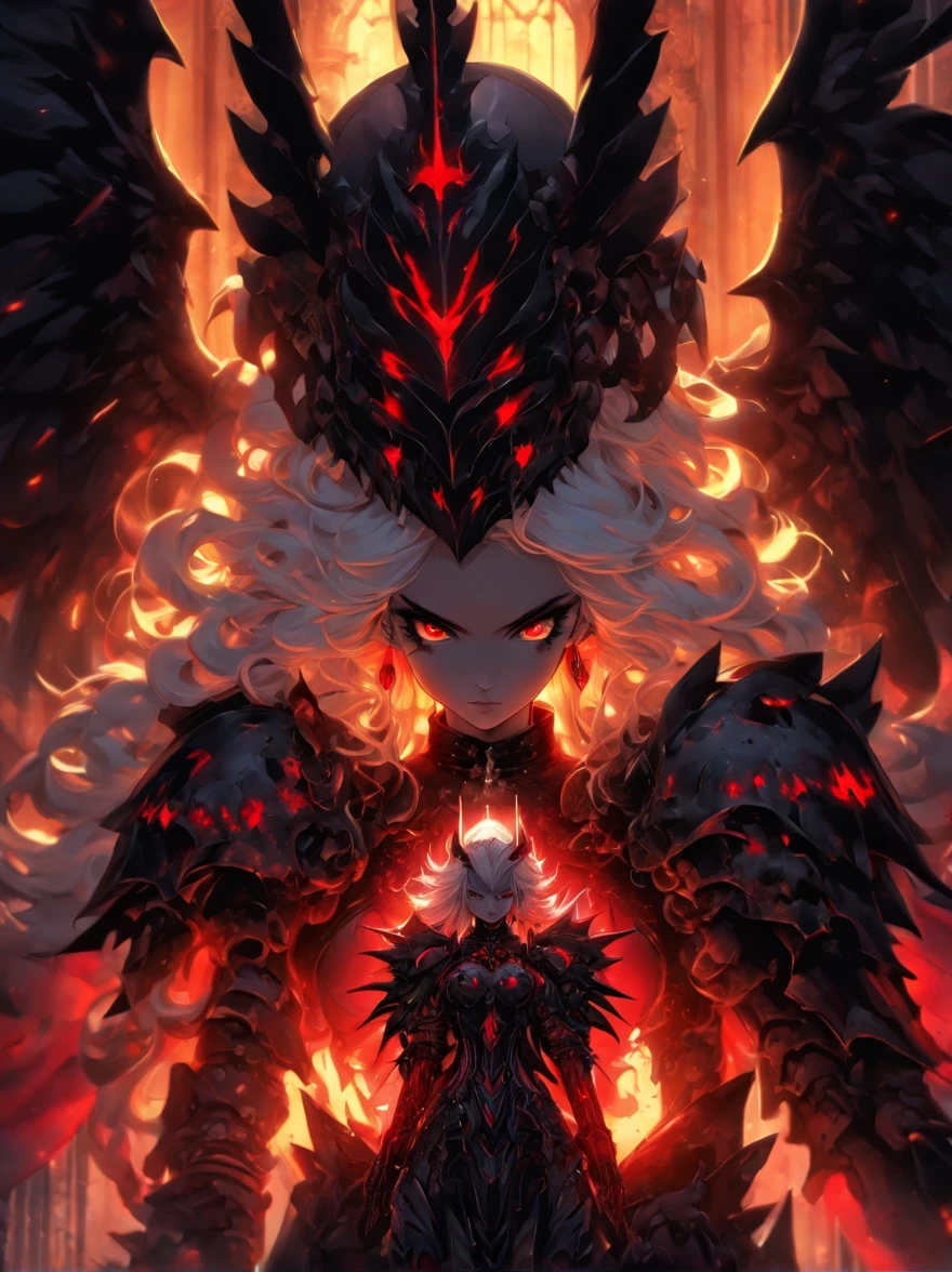 queen power armor little girl , (gothic style) , bellybutton, The most beautiful and sexy demon goddess, long white hair, glowing red eyes, wearing detailed black gothic battle armor, black angel wings, tattoos and piercings, gothic castle, perfect masterpiece, high quality, high resolution, ((horror girl)), (blood big armor, (lots of chains),
