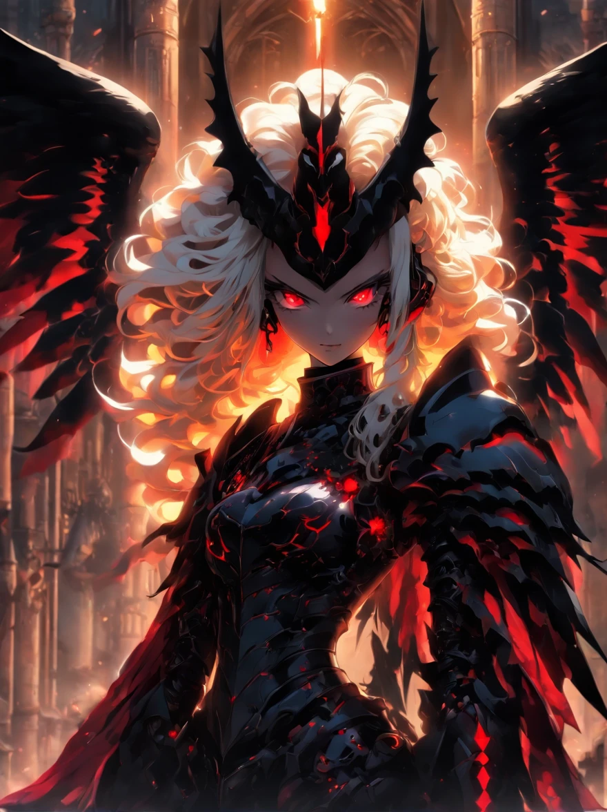 queen power armor , (gothic style), full body view , bellybutton, The most beautiful and sexy demon goddess, long white hair, glowing red eyes, wearing detailed black gothic battle armor, black angel wings, tattoos and piercings, gothic castle, perfect masterpiece, high quality, high resolution
