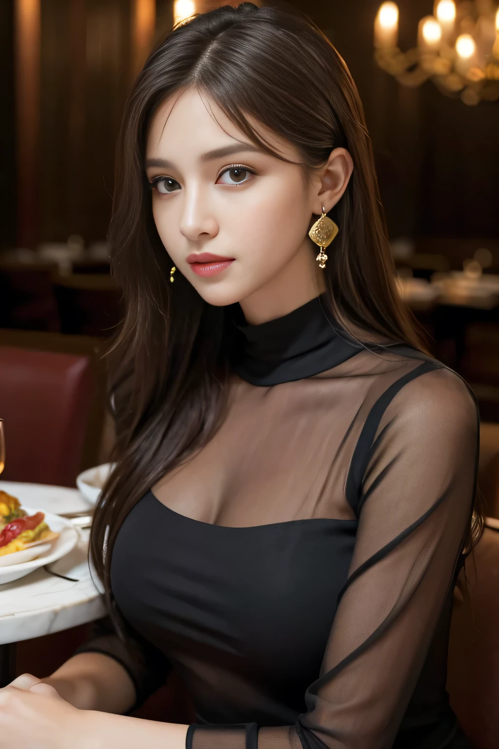 masterpiece, highest quality, Realistic, Very detailed, Finer details, High resolution, 8k wallpaper, One beautiful woman, Wear a black see-through shirt, In a great restaurant, At night, Light brown messy hair, Perfect dynamic composition, Beautiful and beautiful eyes、Big earrings