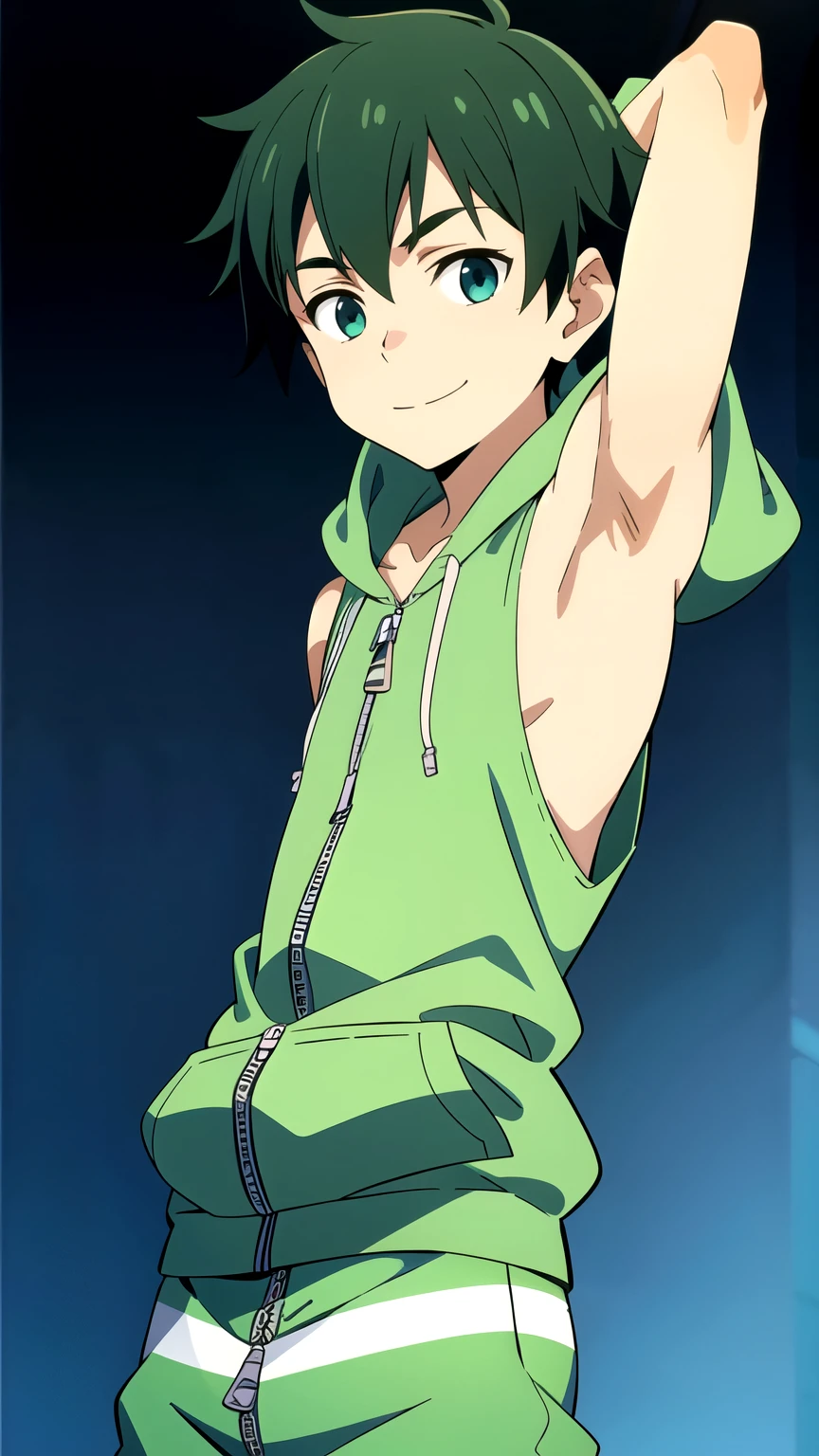 Highres, Masterpiece, Best quality at best,Best Quality,hight quality, hight detailed, 1boy, Shota, Solo, Cute boy, Body, Green hoodie with cyan stripes, The hoodie is sleeveless and has an open zipper, Smile, (very small and short stature), (very young boy), (very small and short body), s, (Showing armpit:1.3), Simple beckground