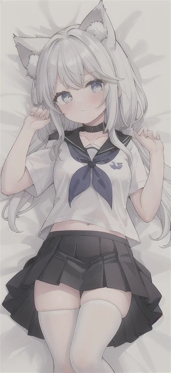 1 Girl, , animal_ears, foot, sailor_collar, long_hair, white色的_legwear, Solitary, shoe底, School_, pleexisted_Short skirt, Setofuku, blue_Nothing under the skirt, white, shirt, collarbone, white色的_shirt, Watching_exist_Viewer, animal_ear_Brushed, No_shoe, short_sleeve, scarf, Side lock, silver_hair，Lying down，
