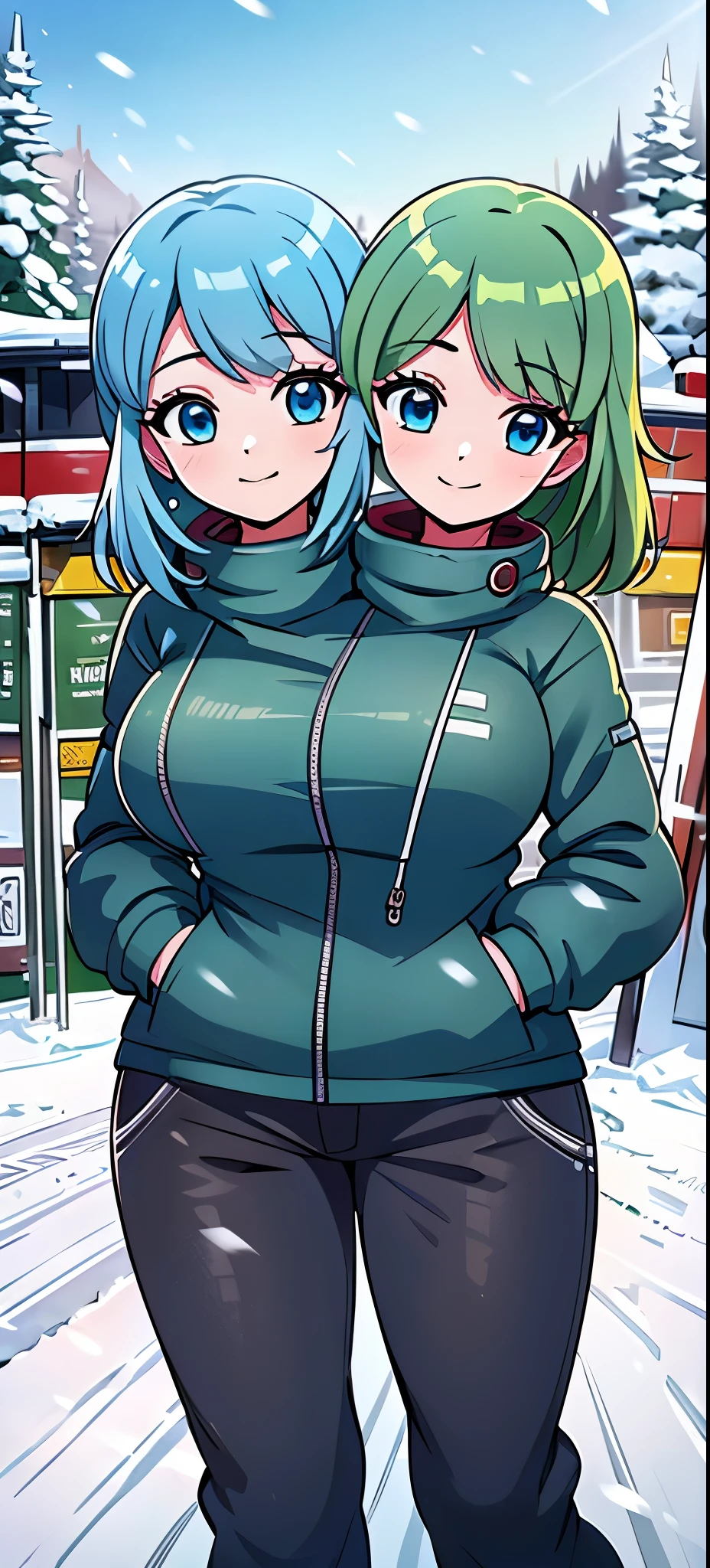 best quality, (masterpiece),(ultra-detailed), (high quality), (high resolution), ((2heads:1.5)) (masterpiece, best quality), best resolution, (2heads:1.5), 1girl, green parka, blonde hair, blue eyes, smiling, happy, black snow pants, snowy landscape, ski slope, winter, evening