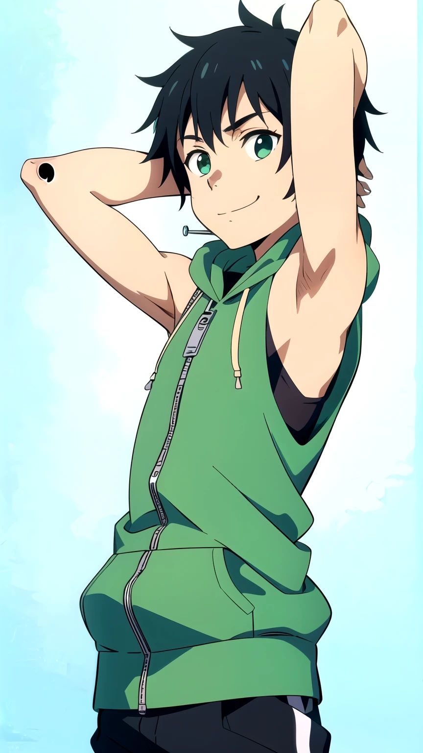 Highres, Masterpiece, Best quality at best,Best Quality,hight quality, hight detailed, 1boy, Shota, Solo, Cute boy, Body, Green hoodie with cyan stripes, Wearing headset, The hoodie is sleeveless and has an open zipper, Smile, (very small and short stature), (very young boy), (very small and short body), 12-year-old boys, (Showing armpit:1.3), Simple beckground