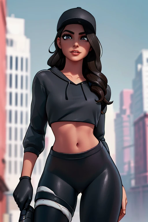 ((black clothes:1.2)), fortnite ruby ​​style woman, fortnite ruby, woman standing in a city background, hd, 4k, masterpiece ((black top:1.2)), ((black leggings:1.2 )), ((black baseball cap:1.2)), ((brown hair:1.2)), ((long hair:1.2)), ((shoulder hair:1.2)), ((white eyes:1.2)) , ((makeup:1.2)), ((average breasts:1.2)), ((bare clothes:1.2)), ((black  pants with white stripe:1.2)). masterpiece