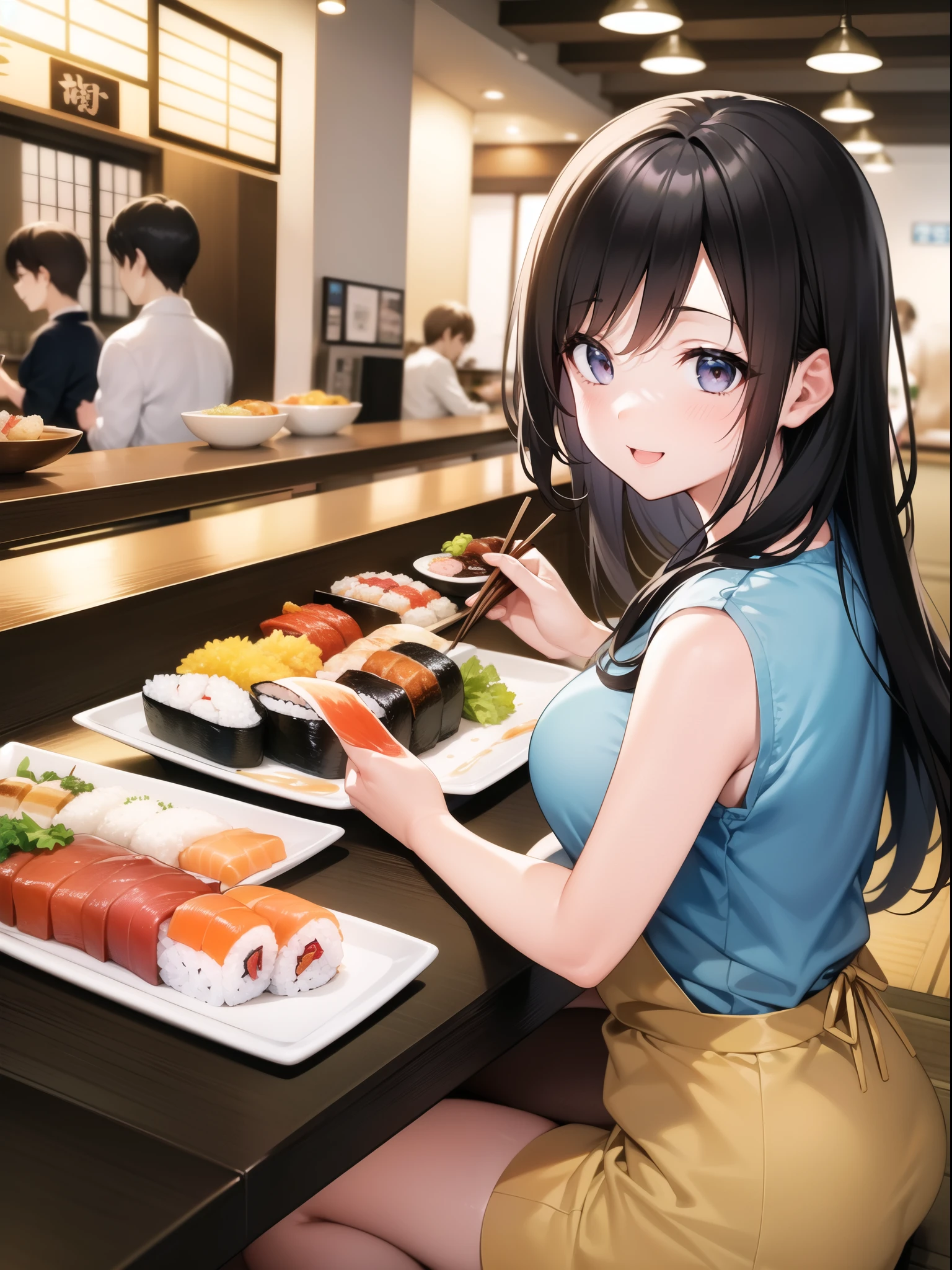 Smiling young woman holding a plate of sushi at a sushi bar。She has long black hair and is wearing light blue casual clothing.、Grab your chopsticks and get ready to enjoy sushi。On her plate、Colorful sushi rolls and nigiri sushi are beautifully lined up。In the background you can see other customers and a conveyor belt of sushi.、The lively atmosphere of the restaurant is apparent。This scene highlights her happiness and the moment she enjoys sushi.。