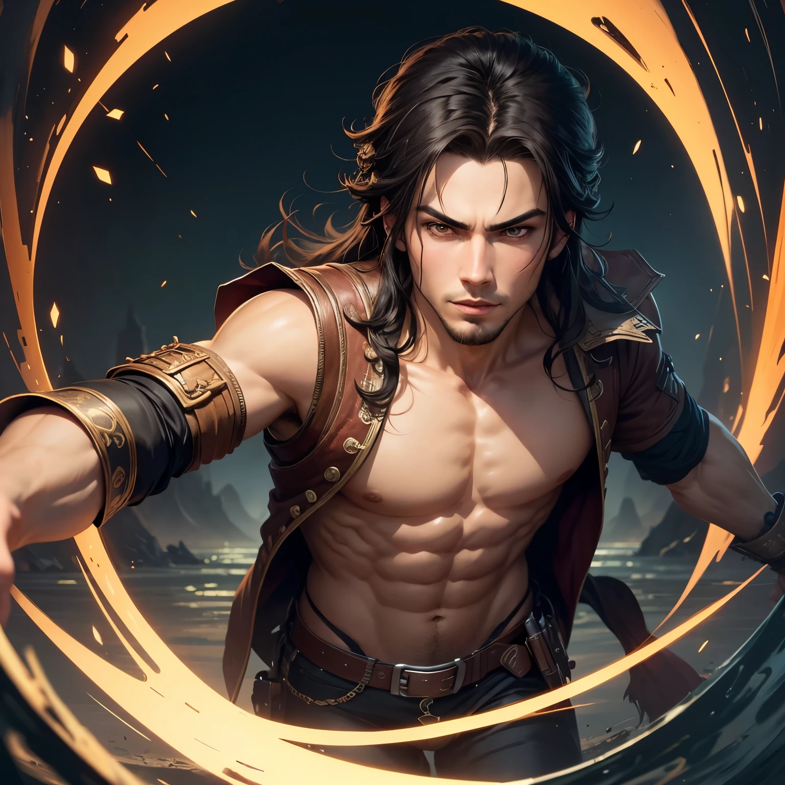 male young adult pirate, dark hair, attractive, beautiful, handsome, soft features, sharp eyes, alluring, surreal,  simple vector art, contemporary Chinese art, anime