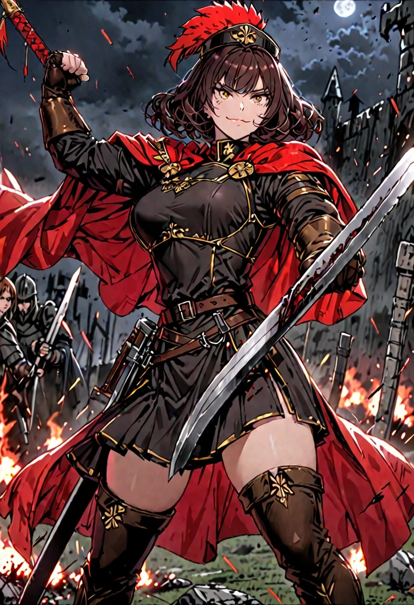 Solo, female, sfw, medium shot, short hair, curly hair, dark auburn hair, extremely tall, large woman, golden eyes, black military uniform, red cape, thigh boots, smile, blood, battlefield, military hat, plume, muscular, leather gloves, action pose, roman skirt, armor:0.3, night, medieval, strong thighs, fist