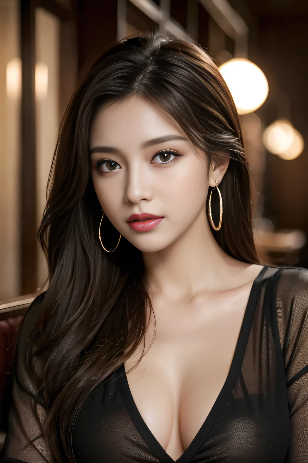 masterpiece, highest quality, Realistic, Very detailed, Finer details, High resolution, 8k wallpaper, One beautiful woman, Wear a black see-through shirt, In a great restaurant, At night, Light brown messy hair, Perfect dynamic composition, Beautiful and beautiful eyes、Big earrings
