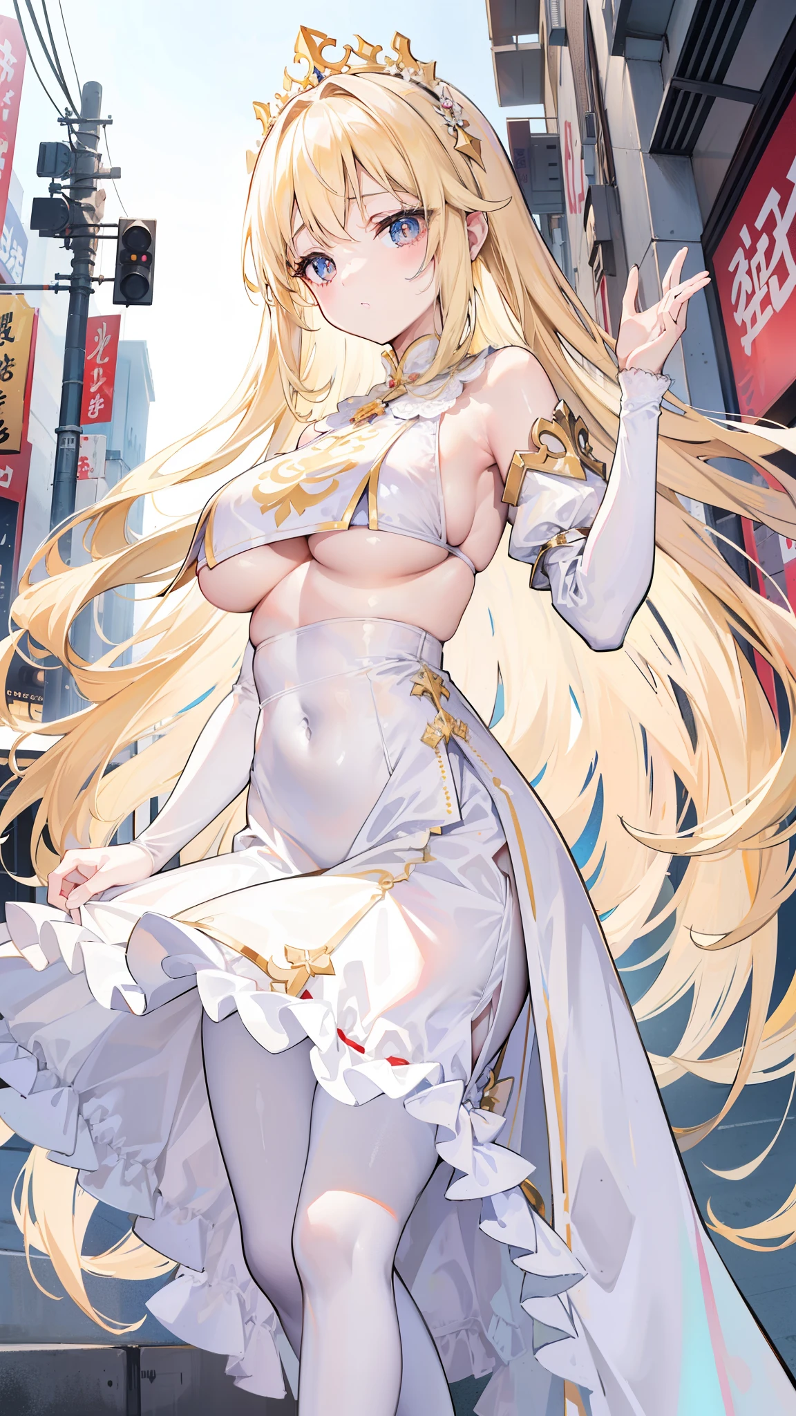 beautiful girl,Princess,(Saint),Long blond hair,Golden pupils,White Dress,(Princess裙),ta long skirt,Tutu,White pantyhose,On the crowded streets,(street japan),((underboobs)),((Below the breasts)),((Lower breasts))