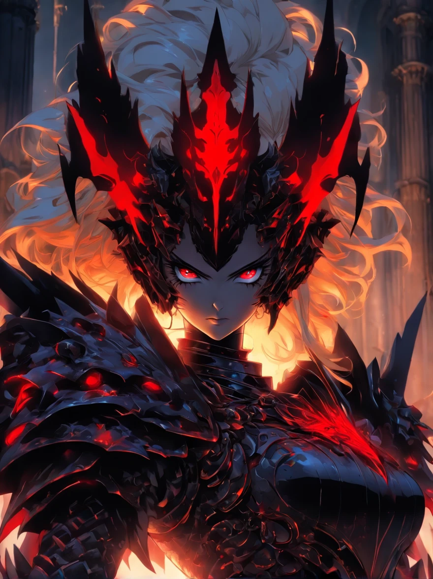 hyper super ultra detailed perfect piece, illustration, Masterpiece, (Perfect anatomy), ((Black and red glow)), (Evil personality), (go mad eyes),Blonde hair,Black dress, Intricate details, Best quality, ((Solo)) ,Crazy nothingness, Glowing eyes, Horror \(Theme\),