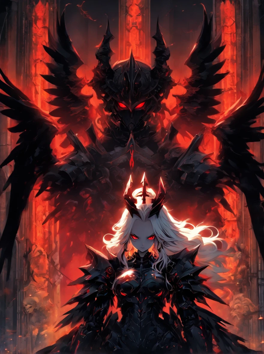 queen power armor , (gothic style), full body view , bellybutton, The most beautiful and sexy demon goddess, long white hair, glowing red eyes, wearing detailed black gothic battle armor, black angel wings, tattoos and piercings, gothic castle, perfect masterpiece, high quality, high resolution