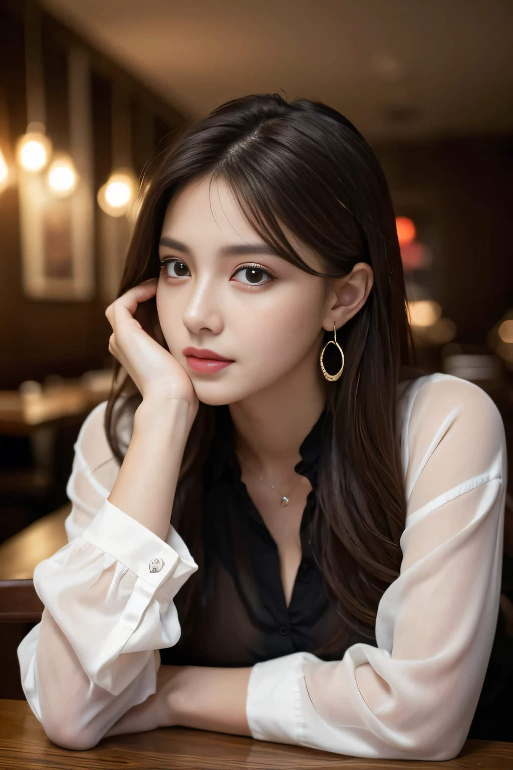 masterpiece, highest quality, Realistic, Very detailed, Finer details, High resolution, 8k wallpaper, One beautiful woman, Wear a black see-through shirt, In a great restaurant, At night, Light brown messy hair, Perfect dynamic composition, Beautiful and beautiful eyes、Big earrings