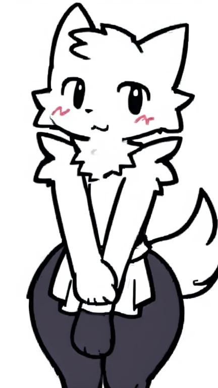 White fur, cat, anthro, furry, solo, simple art ,male chest,thin, hands behind on chest, maid outfit, cute,( wide hips:1.2) , maid dress 