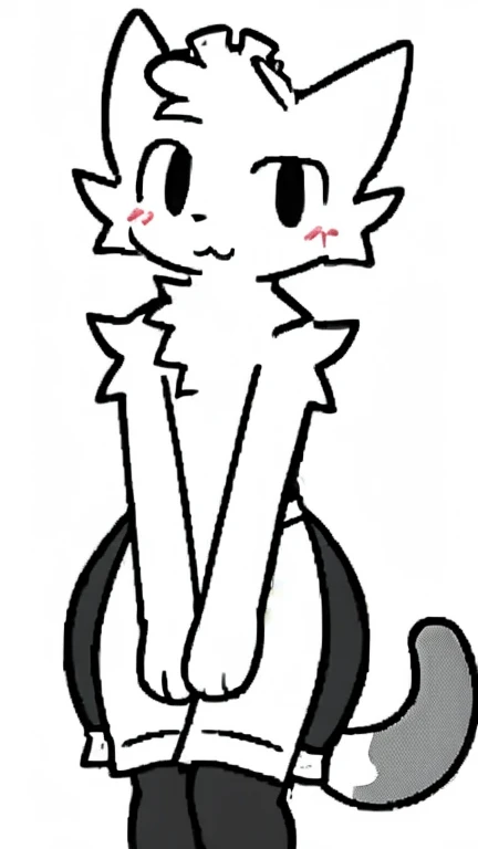 White fur, cat, anthro, furry, solo, simple art ,male chest,thin, hands behind on chest, maid outfit, cute,( wide hips:1.2) , maid dress