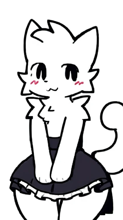 White fur, cat, anthro, furry, solo, simple art ,male chest,thin, hands behind on chest, maid outfit, cute,( wide hips:1.2) , maid dress