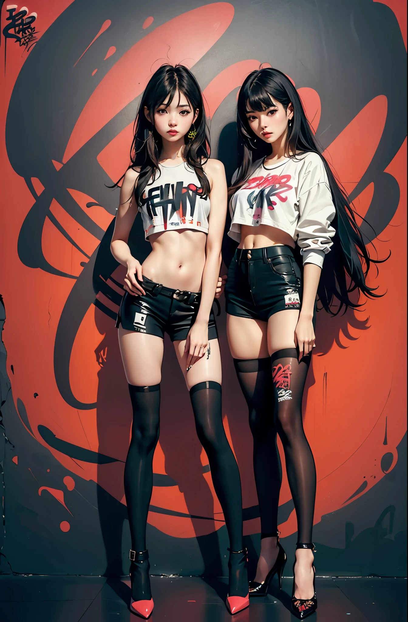 ((masterpiece, high quality, best quality, 8k, wallpaper, detailed, realistic)), 2girls, korean popstar, thighhighs, high heels, long legs, skinny, black hair, pretty hands, fringe, full body, (multiple girls:1.4), simple red background, palm trees, (graffiti wall:1.2), muscular,