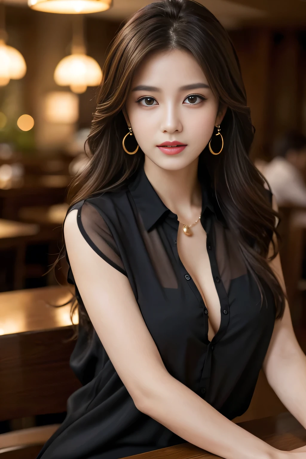 masterpiece, highest quality, Realistic, Very detailed, Finer details, High resolution, 8k wallpaper, One beautiful woman, Wear a black see-through shirt, In a great restaurant, At night, Light brown messy hair, Perfect dynamic composition, Beautiful and beautiful eyes、Big earrings