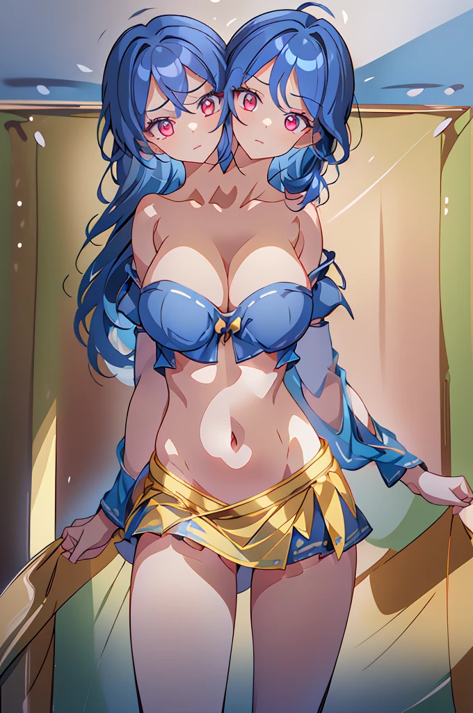 (masterpiece, best quality), best quality, (ultra-detailed), (3heads:1.5), 1girl, (Megumu Iizunamaru:1.3), masterpiece, best quality:1.5, highres, UHD), highres, absurdo, ultra detail, ultra quality, Ultra resolution, dark blue top, crop top, ((stomach)), midriff, ((groin)), dark blue skirt, normal ears, shackles, blue hair, very long hair, wavy hair, sidelocks, red eyes, detailed eyes, parted lips, single horn, sweat, cute, toned belly, hand on own chest, eyelashes, (24 year old woman:1.3), (masterpiece:1.5), (best quality:1.5), (beautiful detailed), extremely detailed CG, extremely delicate and beautiful, depth of field, (finely detailed face), (perfect details:1.2), (mature female:1.3), wide pelvis, slender, large veiny breast, 16k resolution, high quality, high definition, extremely detailed, masterpiece, blue hair, long hair, alluring presence, braid, short skirt, close up, big tits, young, blue tokin, golden pauldron,