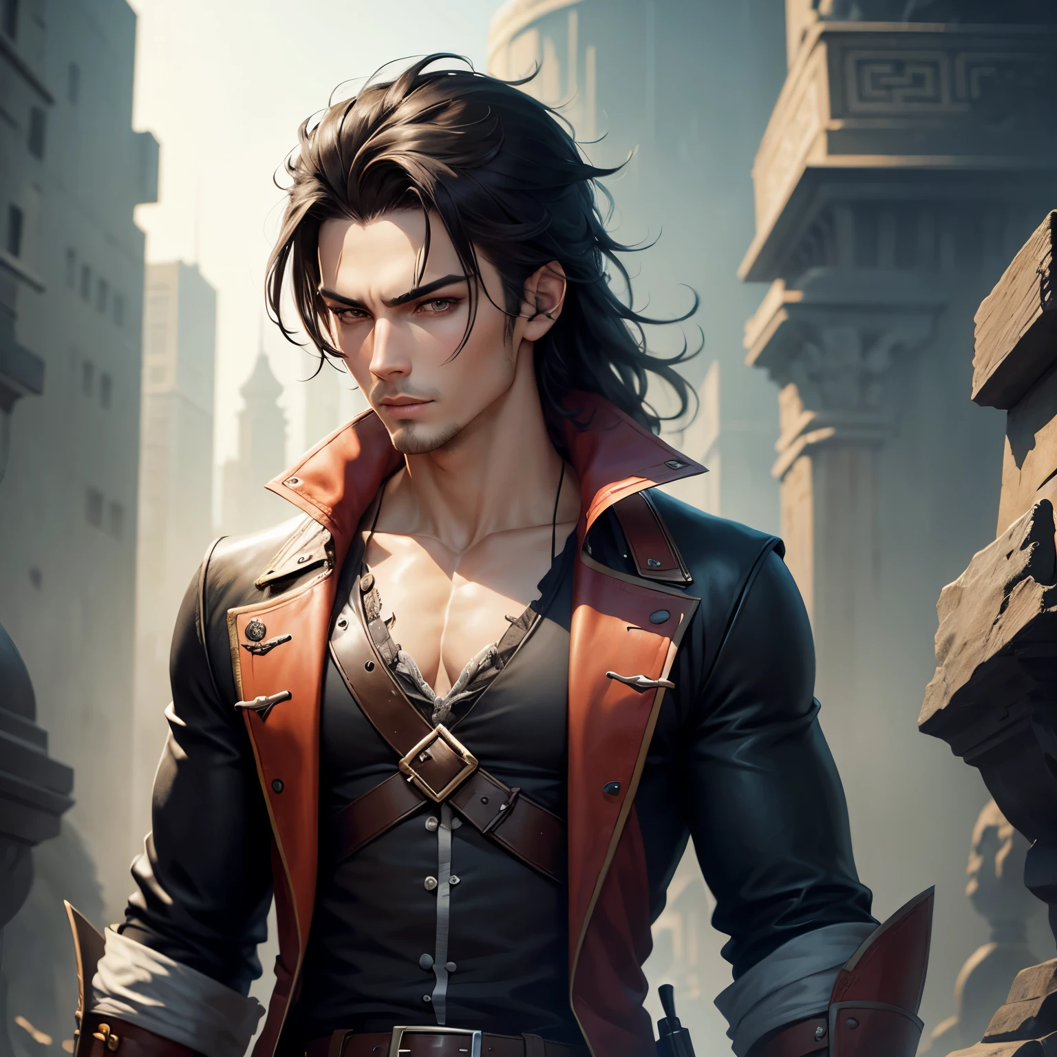 male young adult pirate, dark hair, attractive, beautiful, handsome, soft features, sharp eyes, alluring, surreal, simple vector art, contemporary Chinese art, anime