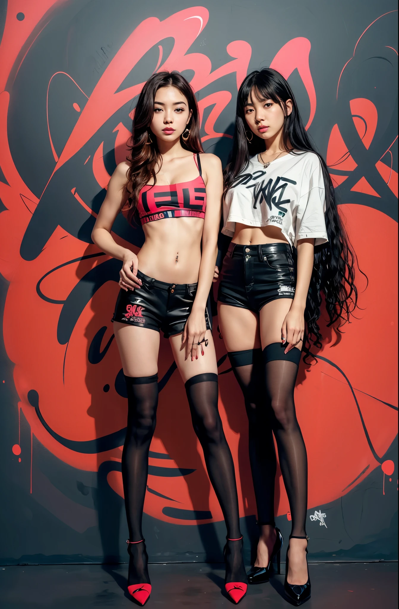 ((masterpiece, high quality, best quality, 8k, wallpaper, detailed, realistic)), 2girls, korean popstar, thighhighs, high heels, long legs, skinny, black hair, pretty hands, fringe, full body, (multiple girls:1.4), simple red background, palm trees,  (graffiti wall:1.2), muscular,  