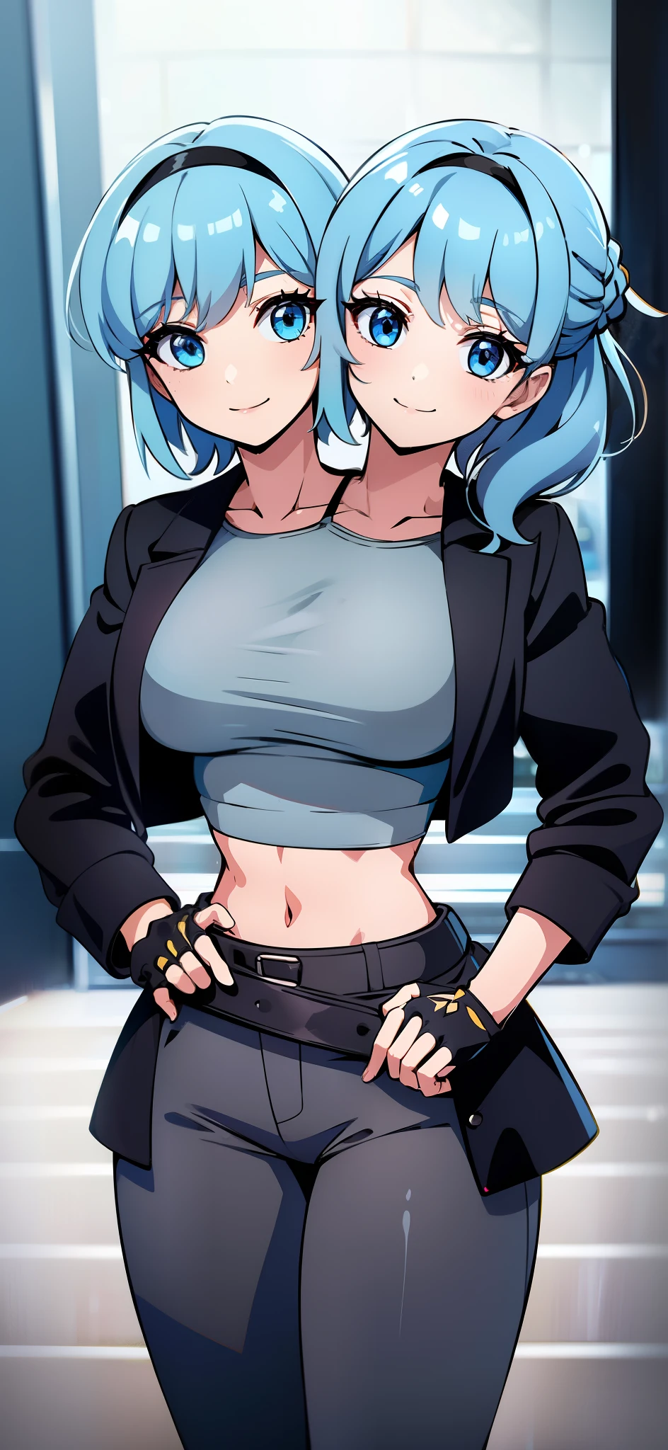 best quality, (masterpiece),(ultra-detailed), (high quality), (high resolution), ((2heads:1.5)), best quality:1.5, highres, UHD, 16K), smiling, highres, masterpiece, ((light blue hair)), (ponytail), long hair, hair band, blue eyes, ((cinematic particles)), grey pants, (black fingerless gloves), cowboy shot, ((black jacket over a gray crop top)), exposed midrrif 
