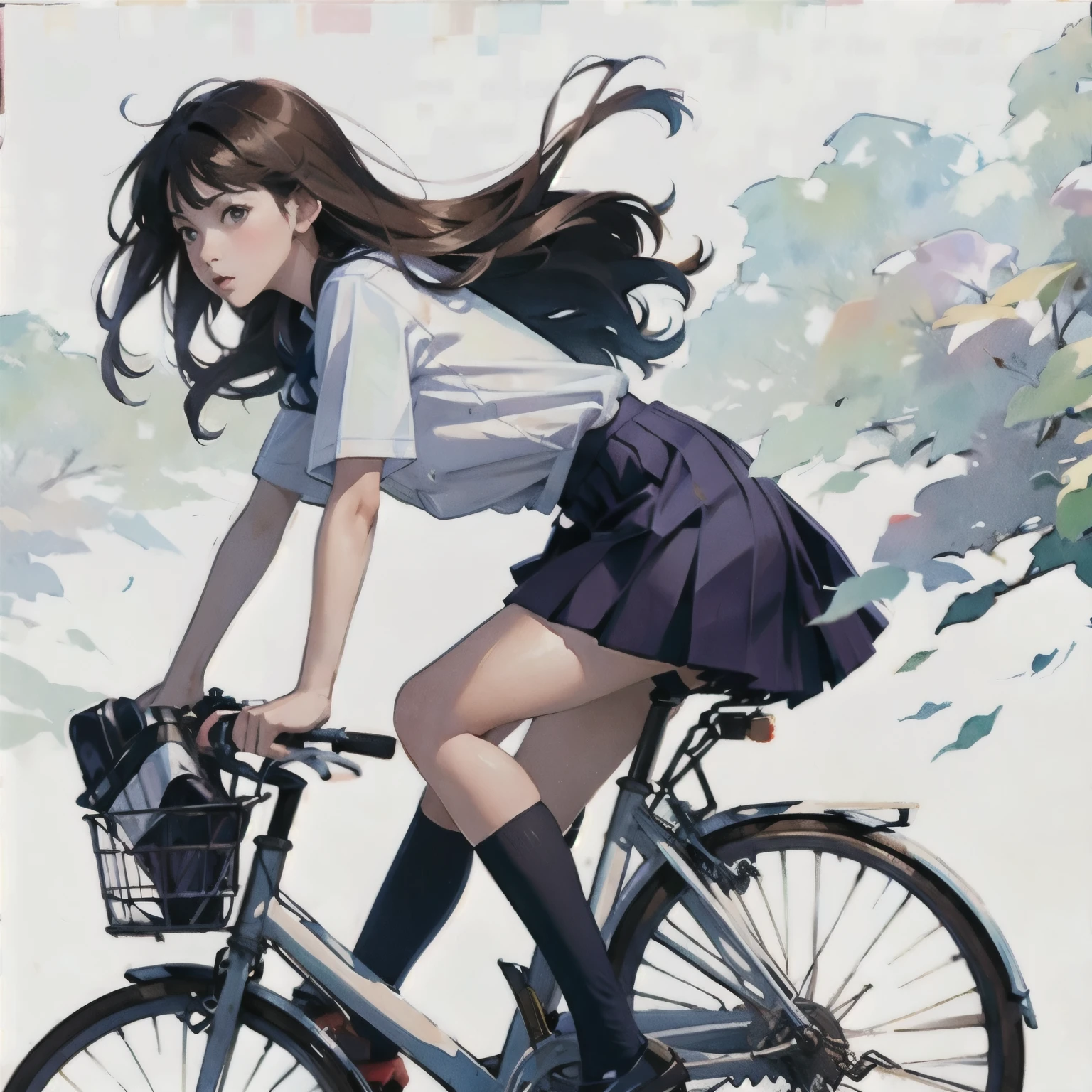 (masterpiece, highest quality:1.2), One girl riding a bicycle, alone、high school girl、uniform、From the side、left side、Blank background、White background、Watercolor style、