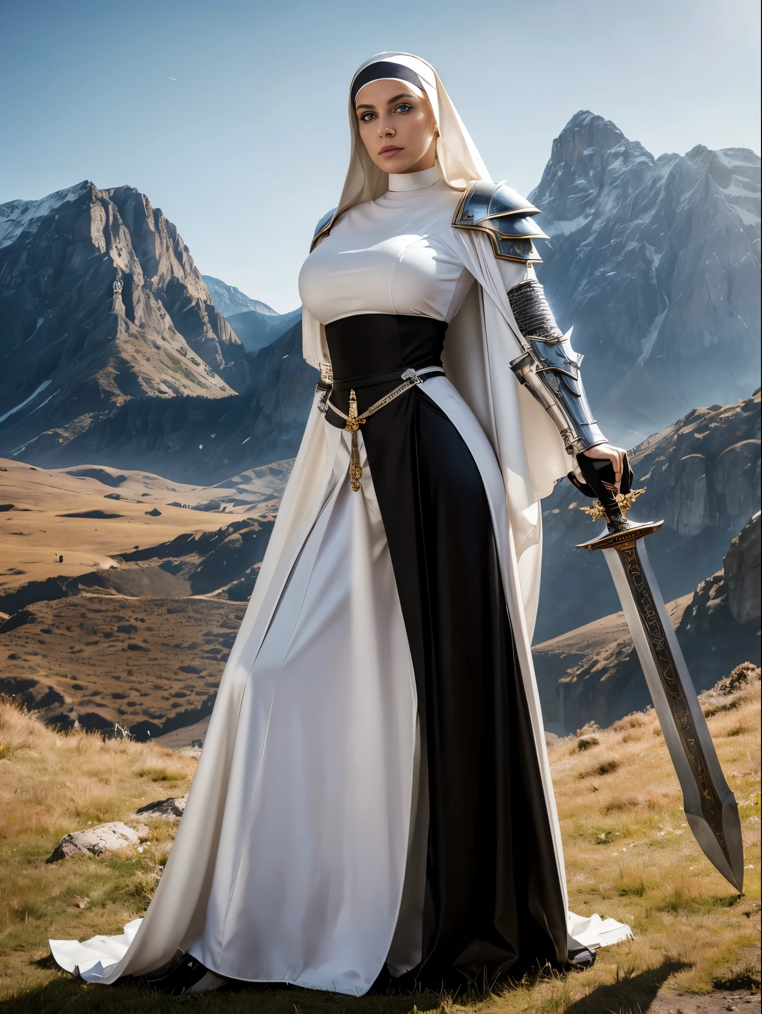 (masterpiece, top quality, best quality, official art, beautiful and aesthetic:1.2), (1girl:1.3), ((Sharp facial features, sharp features, hawkish features)), ((blue eyes)), busty brunette paladin knight girl, extremely detailed, portrait, looking at viewer, solo, (full body:0.6), detailed background, full-body shot, (warm mountain meadow theme:1.1), holy knight, (nun), charlatan, smirk, mysterious, swaying in mountains, armor, polished metal, gold trim, long boots, white fabric, pelvic curtain, robe, pale leather, ((((nun, greatsword, corona, holy aura, heavy armor, armored, long legs, pelvic curtain, toned, muscular)))), slim waist, slim hips, long legs, medieval (mountain exterior:1.1) background, dark mysterious lighting, shadows, magical atmosphere, dutch angle