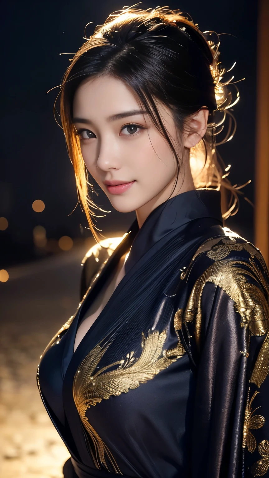 Beautiful woman in kimono，Body Portrait、8k，Beautiful and beautiful eyes，Dindal effect、masterpiece, 最high quality, high quality, High resolution、Very detailed写真、(Natural skin texture、Fine skin、Hyperrealism、Ultra Sharpness)、Skin with attention to detail、(Very detailed、Fine skinの質感、Intricate details、Beautiful Face、(A vivid face)、Realistic eyes、Beautiful and detailed、Realistic Skin、Beautiful Skin、Surreal、Very detailed、Golden Ratio、With a smile、((Night moonlight background))、Body Portrait、Shiny bodysuit ,View from the front, Waist up shot