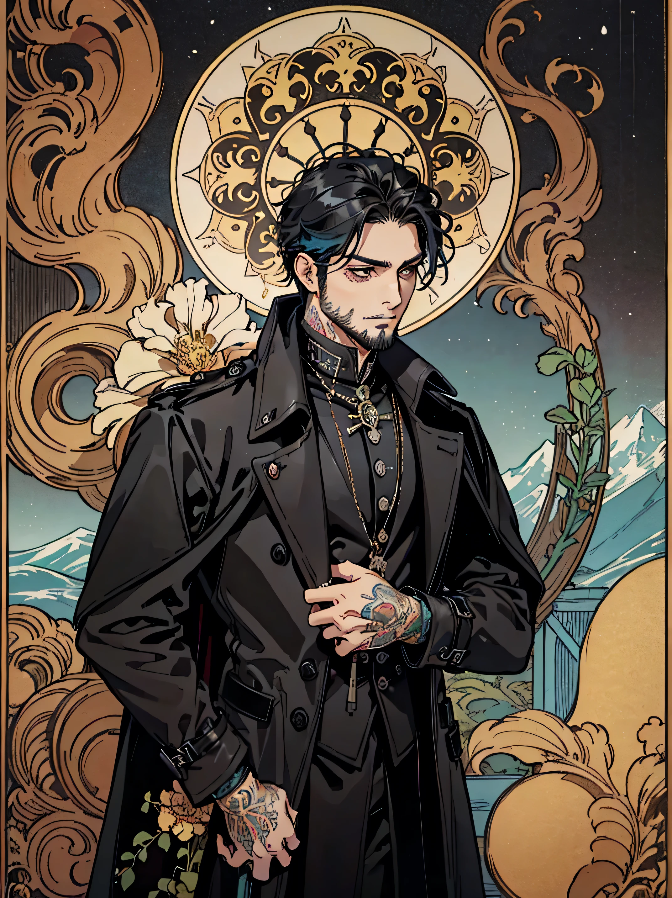 (cor lisa:1.1),(Colorida:1.3),(Obra de arte:1.2), tarot: pirata, melhor qualidade, Obra de arte, original, 1 homem, tatuagens de algemas nos pulsos, cabelo preto desgrenhado, barba curta com tira de queixo, sorriso pretensioso, (sobretudo de couro preto)，(todas as roupas pretas), Foto de corpo inteiro de homens，papel de parede muito detalhado,Sozinho，ocean scenery，tarot card layout，melhor qualidade, Obra de arte, (realista:0.6), realista lighting,moldura de flor， decorative panels， abstract art， Alphonse Mucha （obra-prima， melhor qualidade， A high resolution： 1.4）， Uma detalhada， Detalhes complicados， 4k，cerúleo， arte de linha， Fibonacci