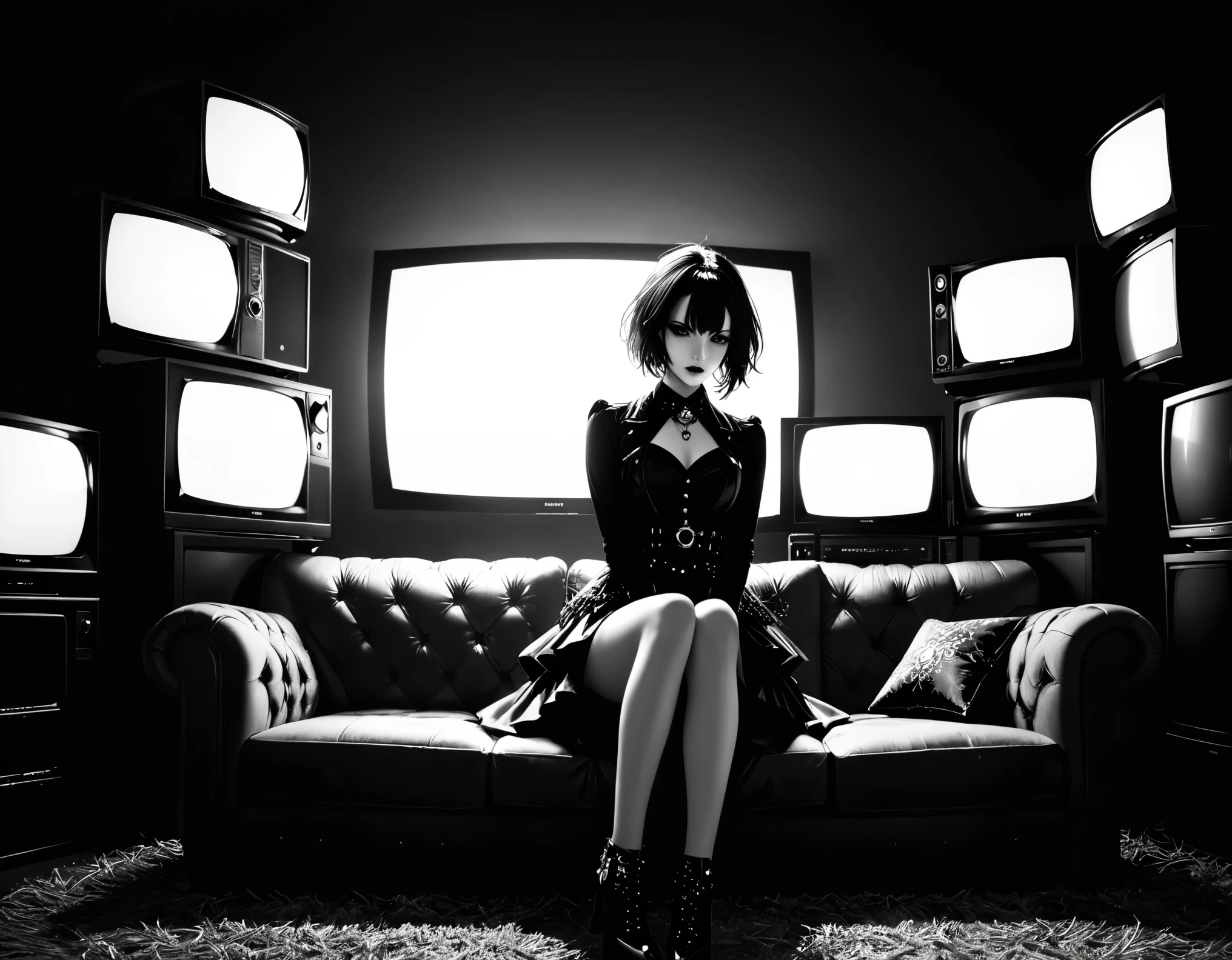 in style of Takeshi Obata,in style of Lillian Bassman,in style of Nick Veasey,(Anime style artist by Jaehyo Lee:1.1),studio lighting,1girl,(future goth-punk costume:1.4),(a lot of tvs are stacked on top of each other to form the background:1.5),cowboy_shot,medium_shot,(sitting on the sofa:1.3),(front view:1.2),backlight,arm_support,leaning_on_sofa,screen syncing,